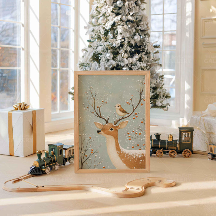 Winter Deer Whimsical Vintage Christmas Print, Holiday Season Wall Decor, Unique Gift Idea, Kids Cute Nursery Animal Poster, Woodland Art