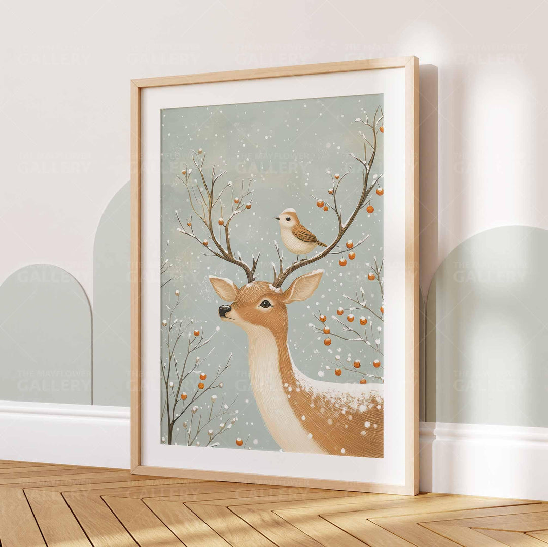 Winter Deer Whimsical Vintage Christmas Print, Holiday Season Wall Decor, Unique Gift Idea, Kids Cute Nursery Animal Poster, Woodland Art