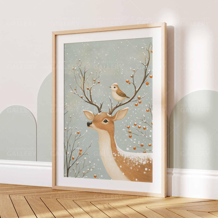 Winter Deer Whimsical Vintage Christmas Print, Holiday Season Wall Decor, Unique Gift Idea, Kids Cute Nursery Animal Poster, Woodland Art