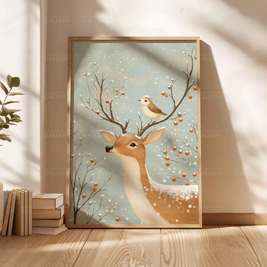 Winter Deer Whimsical Vintage Christmas Print, Holiday Season Wall Decor, Unique Gift Idea, Kids Cute Nursery Animal Poster, Woodland Art