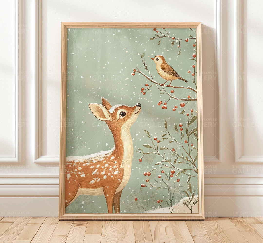 Winter Deer Whimsical Vintage Christmas Print, Holiday Season Wall Decor, Unique Gift Idea, Kids Cute Nursery Woodland Animal Poster Art