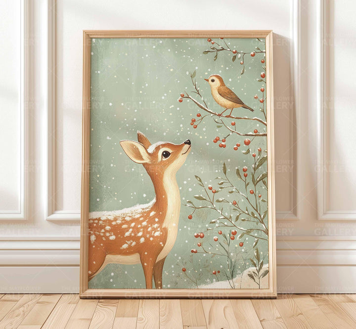 Winter Deer Whimsical Vintage Christmas Print, Holiday Season Wall Decor, Unique Gift Idea, Kids Cute Nursery Woodland Animal Poster Art