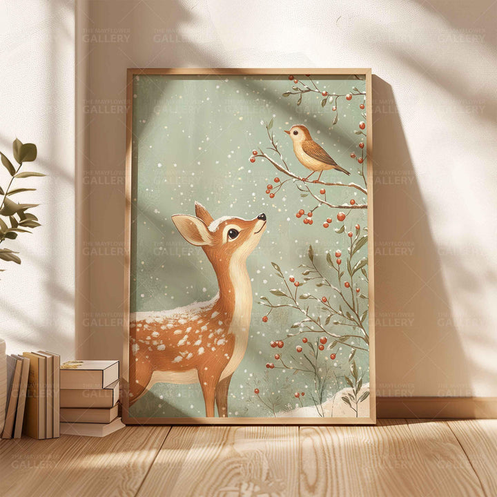 Winter Deer Whimsical Vintage Christmas Print, Holiday Season Wall Decor, Unique Gift Idea, Kids Cute Nursery Woodland Animal Poster Art