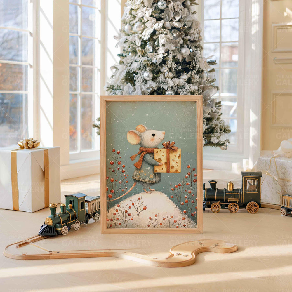 Winter Mouse Whimsical Vintage Christmas Print, Holiday Season Decor, Unique Festive Gift Idea, Kids Cute Nursery Animal Poster, Snow Art