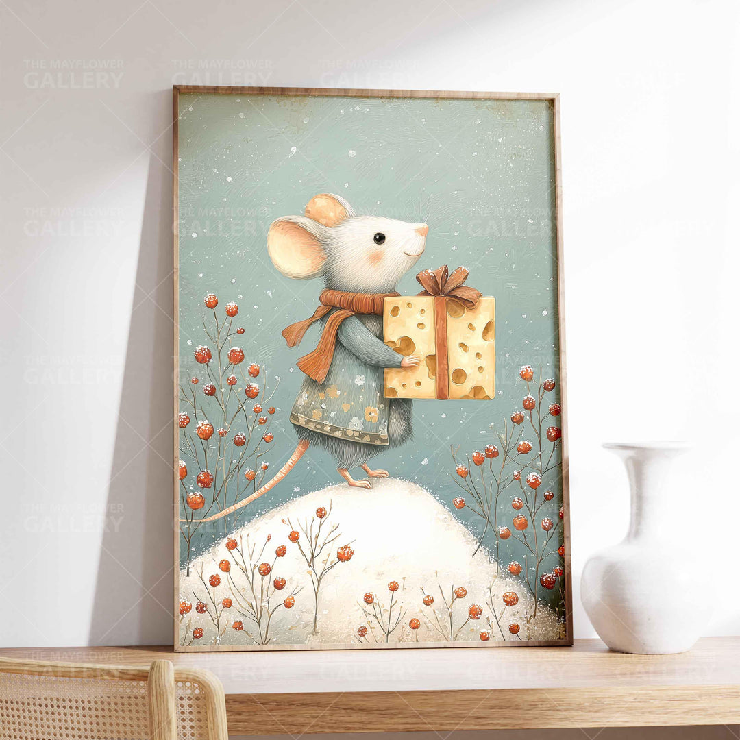 Winter Mouse Whimsical Vintage Christmas Print, Holiday Season Decor, Unique Festive Gift Idea, Kids Cute Nursery Animal Poster, Snow Art