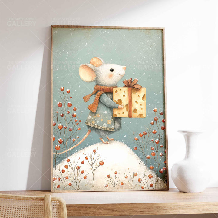 Winter Mouse Whimsical Vintage Christmas Print, Holiday Season Decor, Unique Festive Gift Idea, Kids Cute Nursery Animal Poster, Snow Art