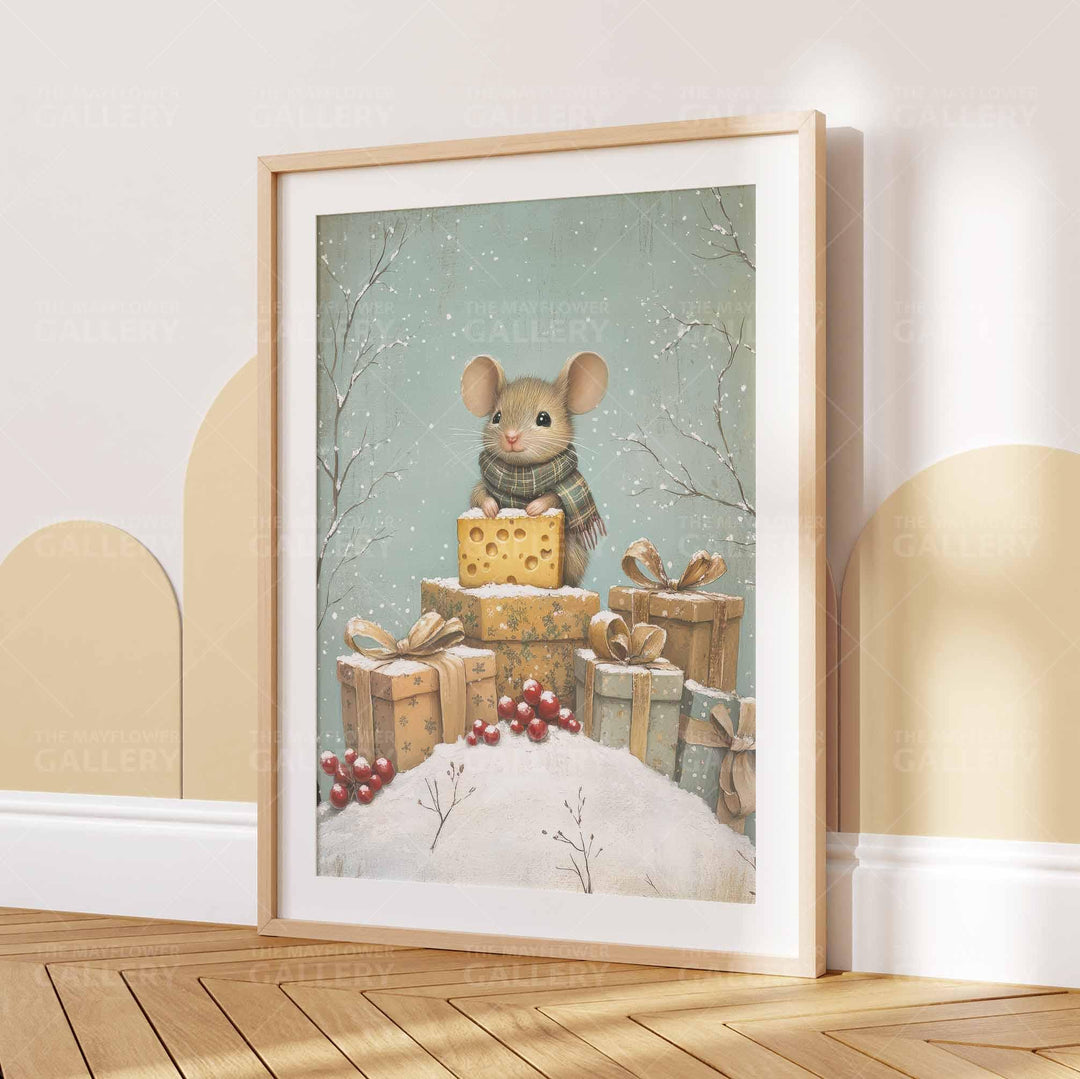 Winter Mouse Whimsical Vintage Christmas Print, Holiday Season Decor, Unique Festive Gift Idea, Kids Cute Nursery Animal Poster, Snow Scene