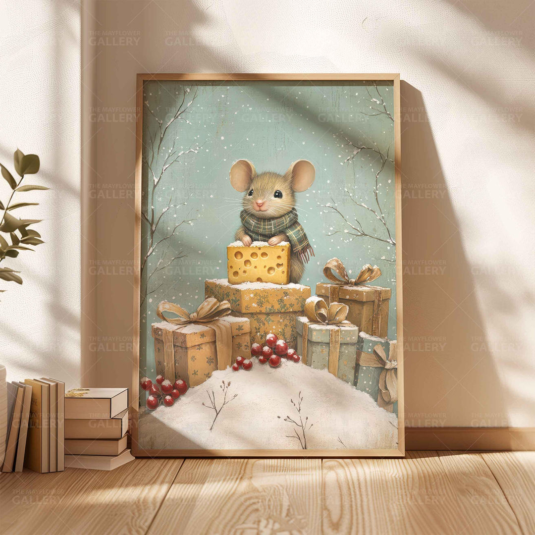 Winter Mouse Whimsical Vintage Christmas Print, Holiday Season Decor, Unique Festive Gift Idea, Kids Cute Nursery Animal Poster, Snow Scene