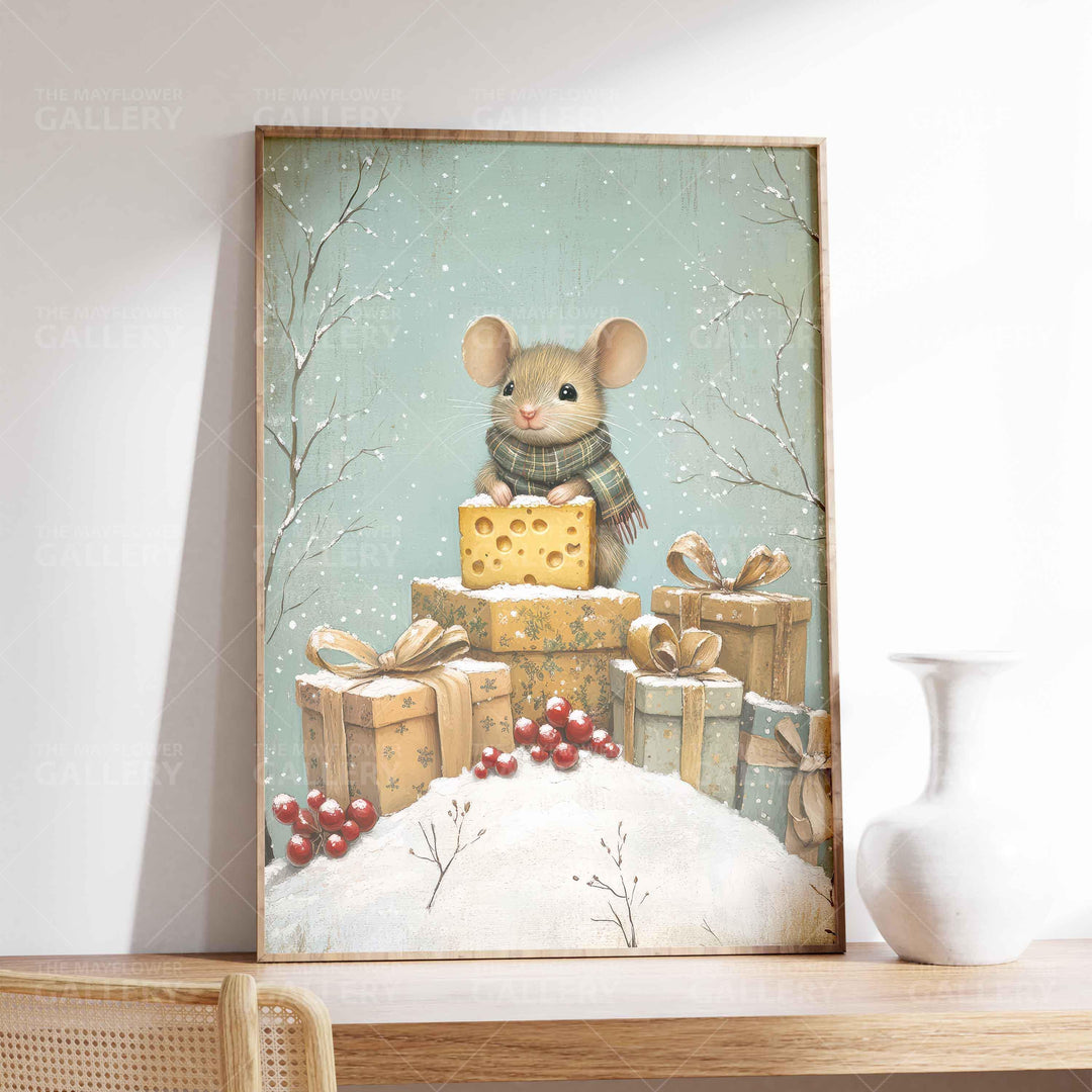 Winter Mouse Whimsical Vintage Christmas Print, Holiday Season Decor, Unique Festive Gift Idea, Kids Cute Nursery Animal Poster, Snow Scene