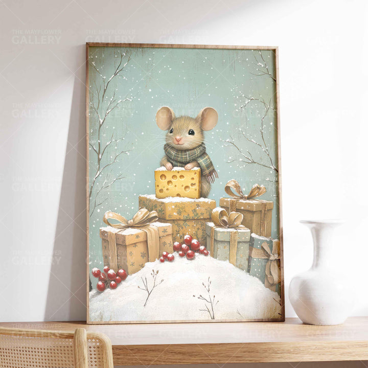 Winter Mouse Whimsical Vintage Christmas Print, Holiday Season Decor, Unique Festive Gift Idea, Kids Cute Nursery Animal Poster, Snow Scene