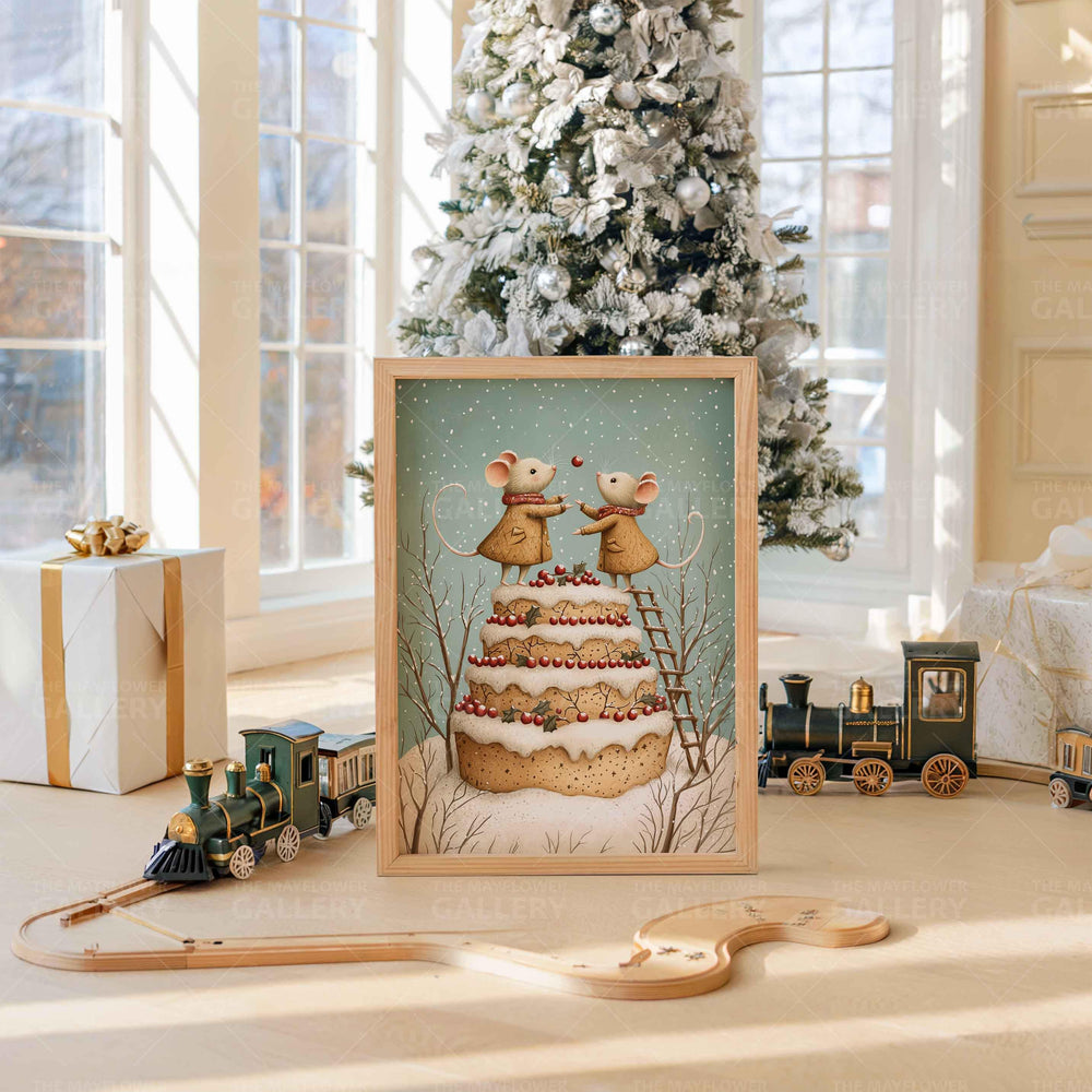 Winter Mouse Whimsical Vintage Christmas Print, Holiday Season Decor, Unique Festive Gift Idea, Kids Cute Nursery Animal Poster, Snow Art