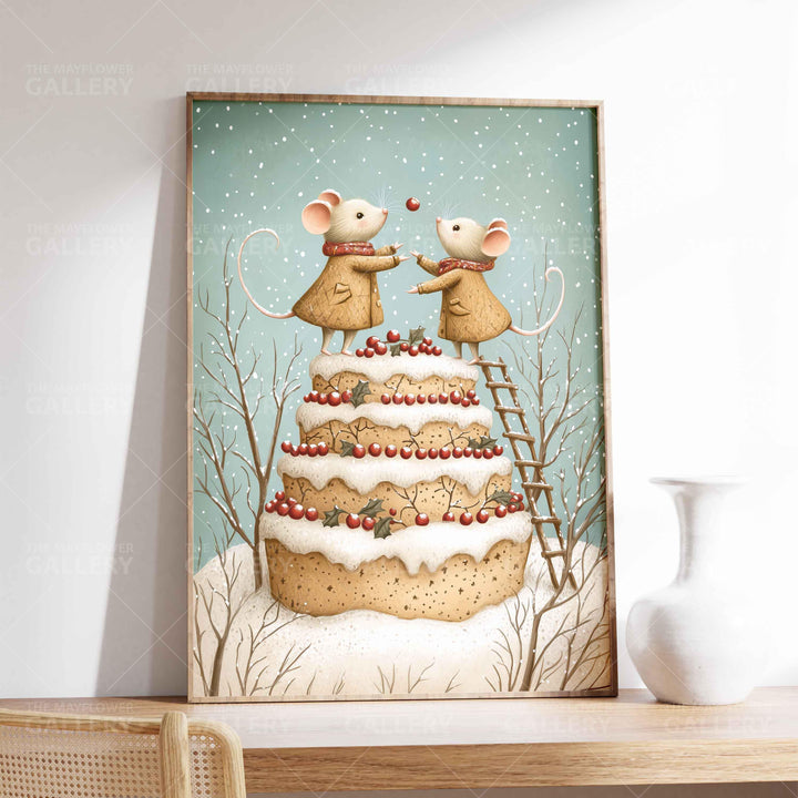 Winter Mouse Whimsical Vintage Christmas Print, Holiday Season Decor, Unique Festive Gift Idea, Kids Cute Nursery Animal Poster, Snow Art