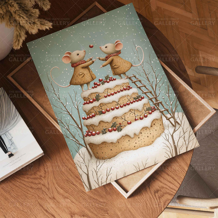 Winter Mouse Whimsical Vintage Christmas Print, Holiday Season Decor, Unique Festive Gift Idea, Kids Cute Nursery Animal Poster, Snow Art