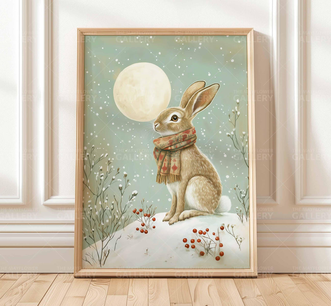 Winter Hare Whimsical Vintage Christmas Print, Holiday Season Decor, Unique Festive Gift Idea, Kids Cute Nursery Animal Poster, Snow Art