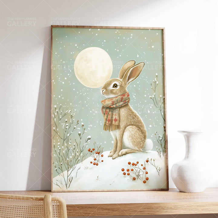 Winter Hare Whimsical Vintage Christmas Print, Holiday Season Decor, Unique Festive Gift Idea, Kids Cute Nursery Animal Poster, Snow Art