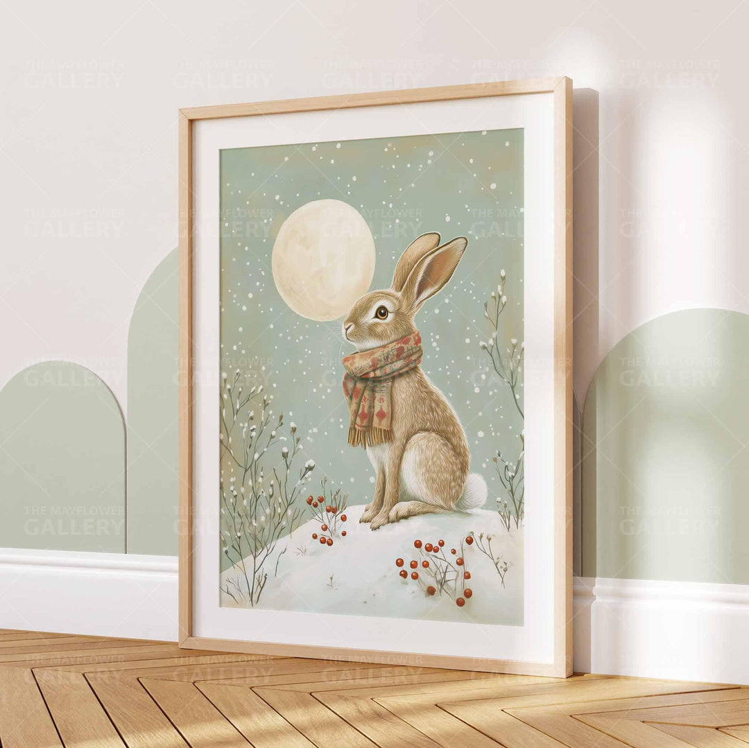 Winter Hare Whimsical Vintage Christmas Print, Holiday Season Decor, Unique Festive Gift Idea, Kids Cute Nursery Animal Poster, Snow Art