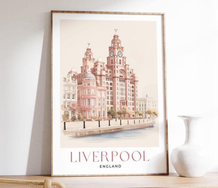Liverpool Travel Art Print, The Royal Liver Building Pastel Watercolour Wall Art, Pink Waterfront Home Decor, Neutral Pier Head Picture