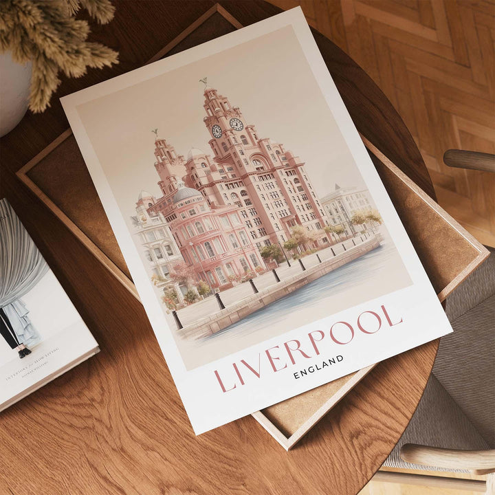 Liverpool Travel Art Print, The Royal Liver Building Pastel Watercolour Wall Art, Pink Waterfront Home Decor, Neutral Pier Head Picture