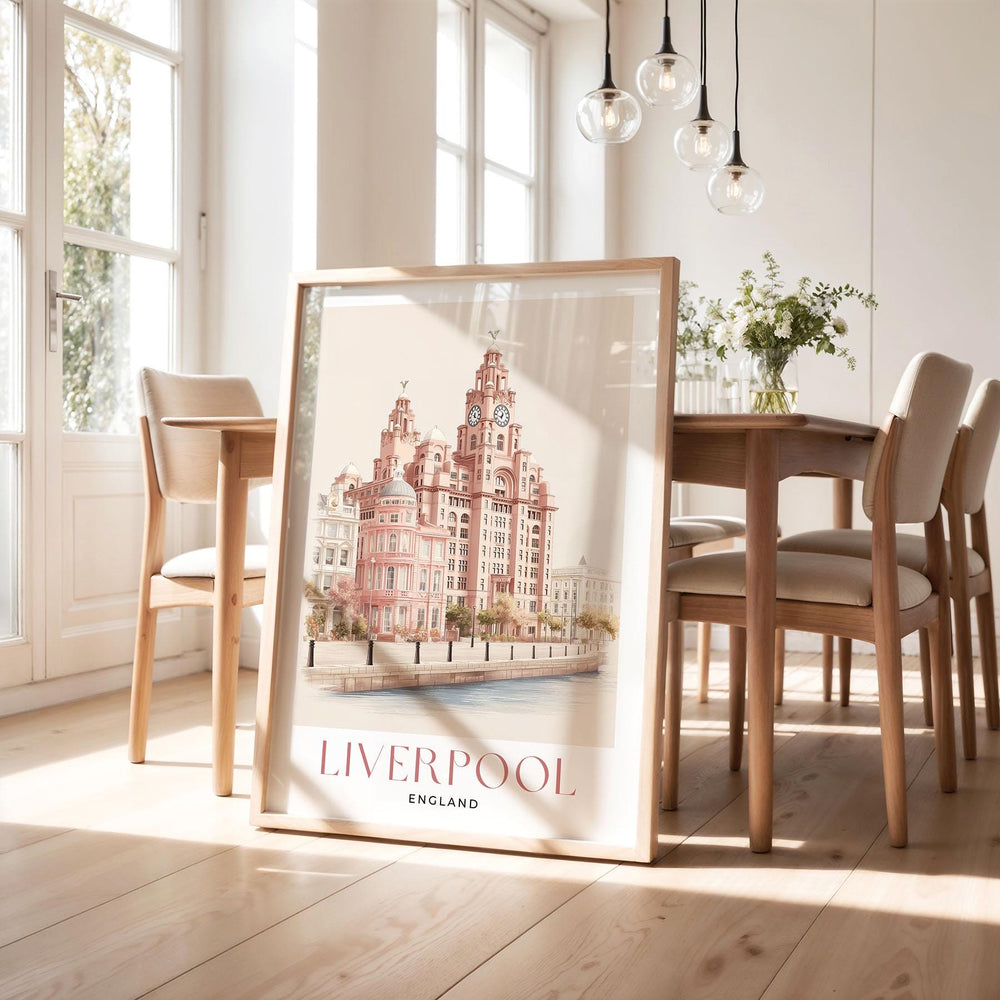 Liverpool Travel Art Print, The Royal Liver Building Pastel Watercolour Wall Art, Pink Waterfront Home Decor, Neutral Pier Head Picture