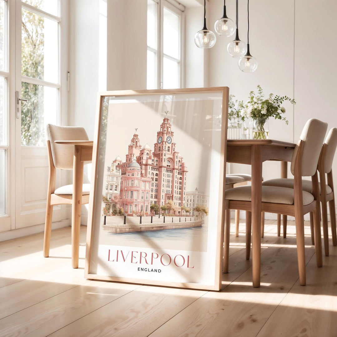 Liverpool Travel Art Print, The Royal Liver Building Pastel Watercolour Wall Art, Pink Waterfront Home Decor, Neutral Pier Head Picture