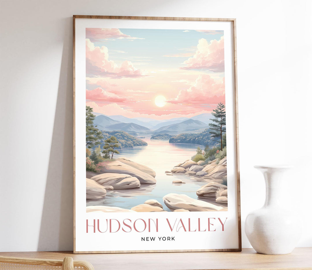 Hudson Valley Travel Art Print, New York Pastel River Watercolour Wall Art, Neutral Mountain River Home Decor, Tranquil Landscape Poster