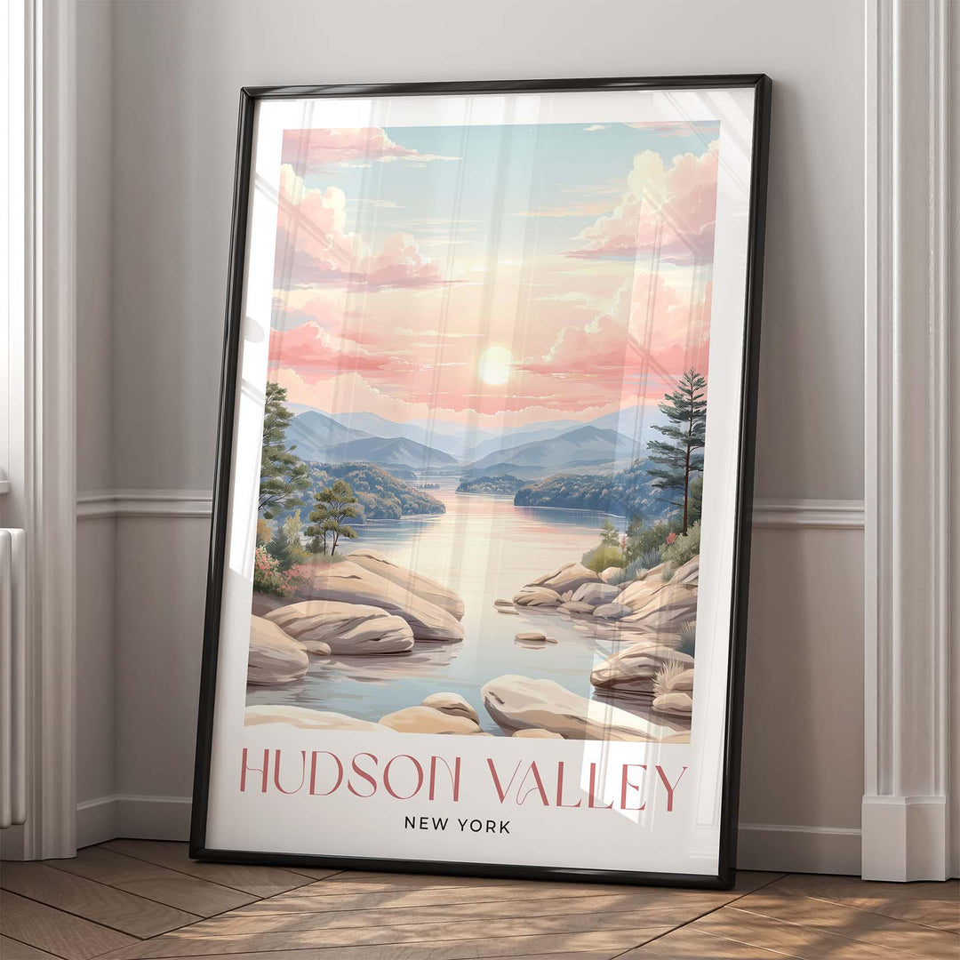 Hudson Valley Travel Art Print, New York Pastel River Watercolour Wall Art, Neutral Mountain River Home Decor, Tranquil Landscape Poster