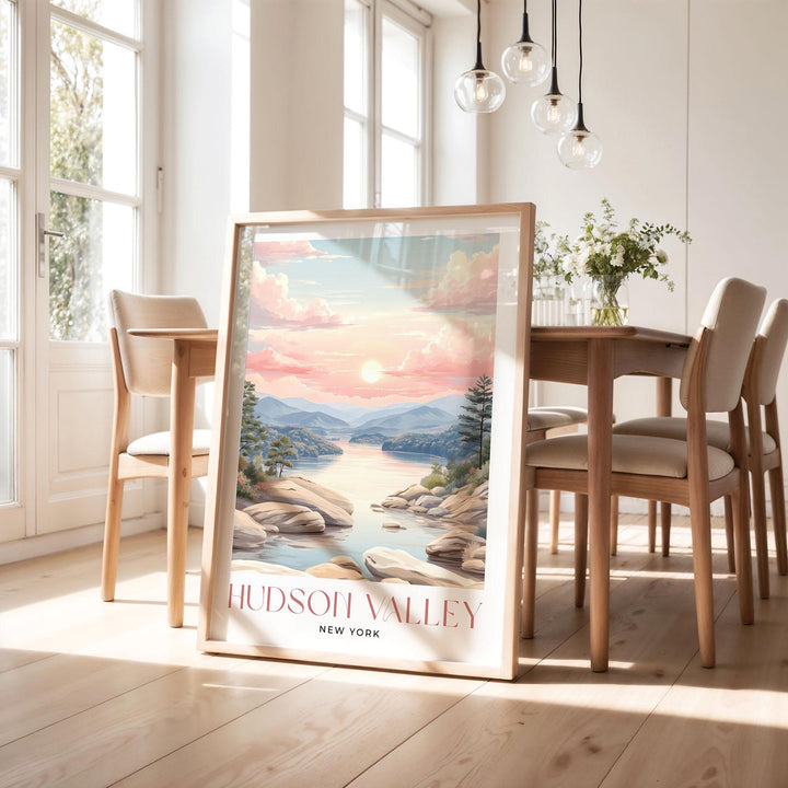 Hudson Valley Travel Art Print, New York Pastel River Watercolour Wall Art, Neutral Mountain River Home Decor, Tranquil Landscape Poster