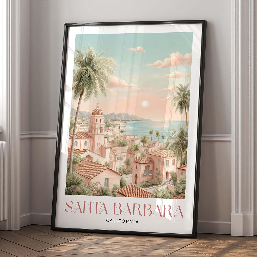 Santa Barbara California Travel Art Print, Romantic Pastel Watercolour Wall Art, The American Riviera Home Decor, Neutral Coastal Poster