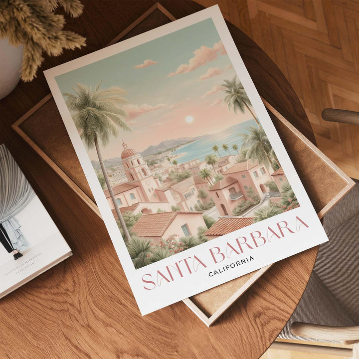 Santa Barbara California Travel Art Print, Romantic Pastel Watercolour Wall Art, The American Riviera Home Decor, Neutral Coastal Poster