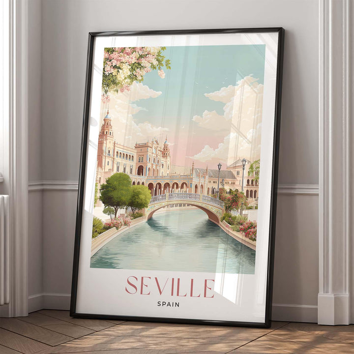 Seville Travel Art Print, Spain Plaza de Espana Pastel Watercolour Wall Art, Andalusia Neutral Canal Home Decor, Maria Luisa Park Poster