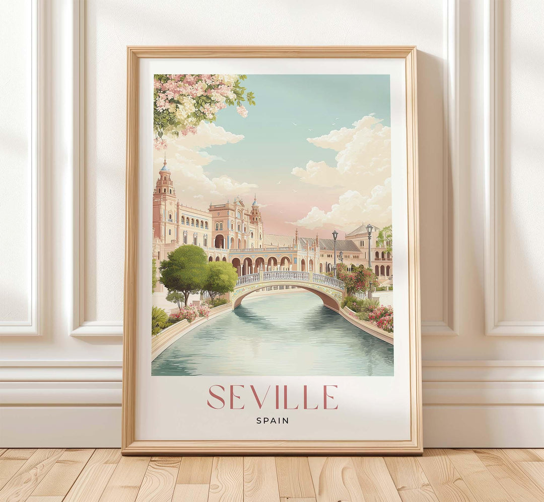 Seville Travel Art Print, Spain Plaza de Espana Pastel Watercolour Wall Art, Andalusia Neutral Canal Home Decor, Maria Luisa Park Poster