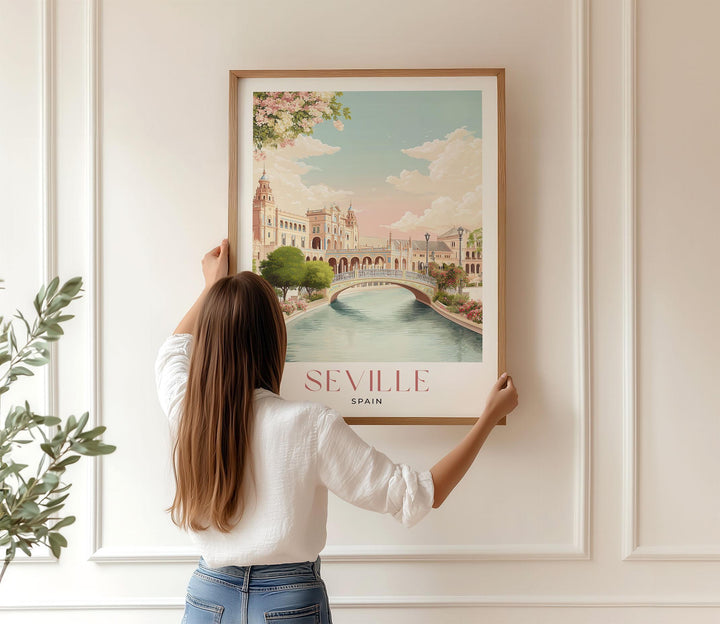 Seville Travel Art Print, Spain Plaza de Espana Pastel Watercolour Wall Art, Andalusia Neutral Canal Home Decor, Maria Luisa Park Poster