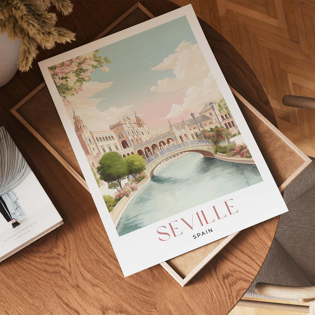 Seville Travel Art Print, Spain Plaza de Espana Pastel Watercolour Wall Art, Andalusia Neutral Canal Home Decor, Maria Luisa Park Poster