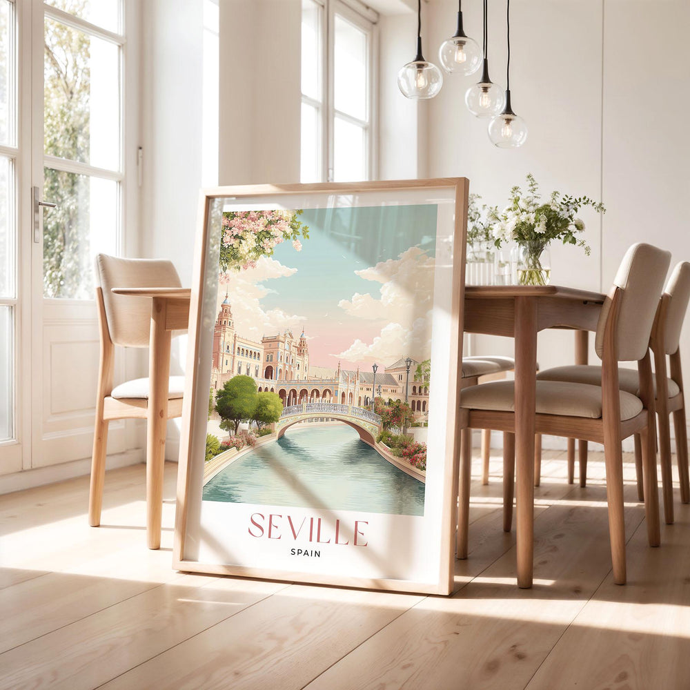 Seville Travel Art Print, Spain Plaza de Espana Pastel Watercolour Wall Art, Andalusia Neutral Canal Home Decor, Maria Luisa Park Poster