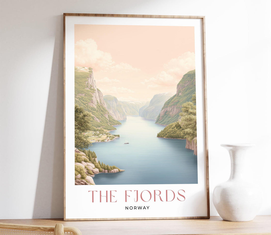 The Fjords Travel Art Print, Norway Pastel Landscape Watercolour Wall Art, Neutral Nordic Home Decor, Soft Norwegian Ancient Glacier Poster