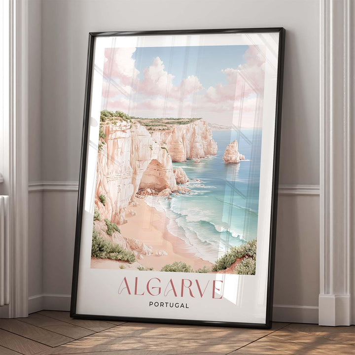 Algarve Travel Art Print, Portugal Coastal Watercolour Wall Art, Neutral Mediterranean Beach Home Decor, Pastel Pink Seaside Cliffs Poster