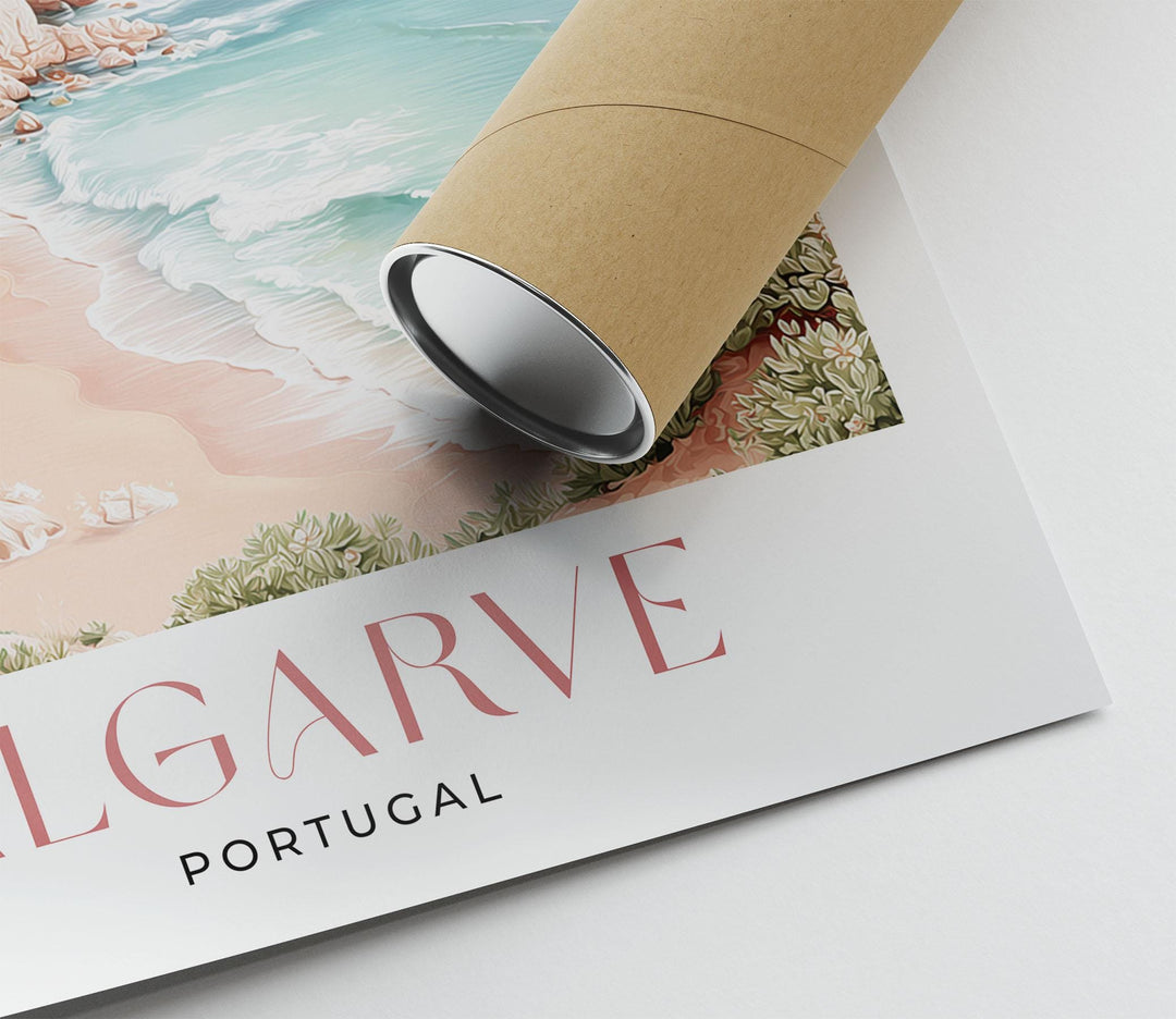 Algarve Travel Art Print, Portugal Coastal Watercolour Wall Art, Neutral Mediterranean Beach Home Decor, Pastel Pink Seaside Cliffs Poster