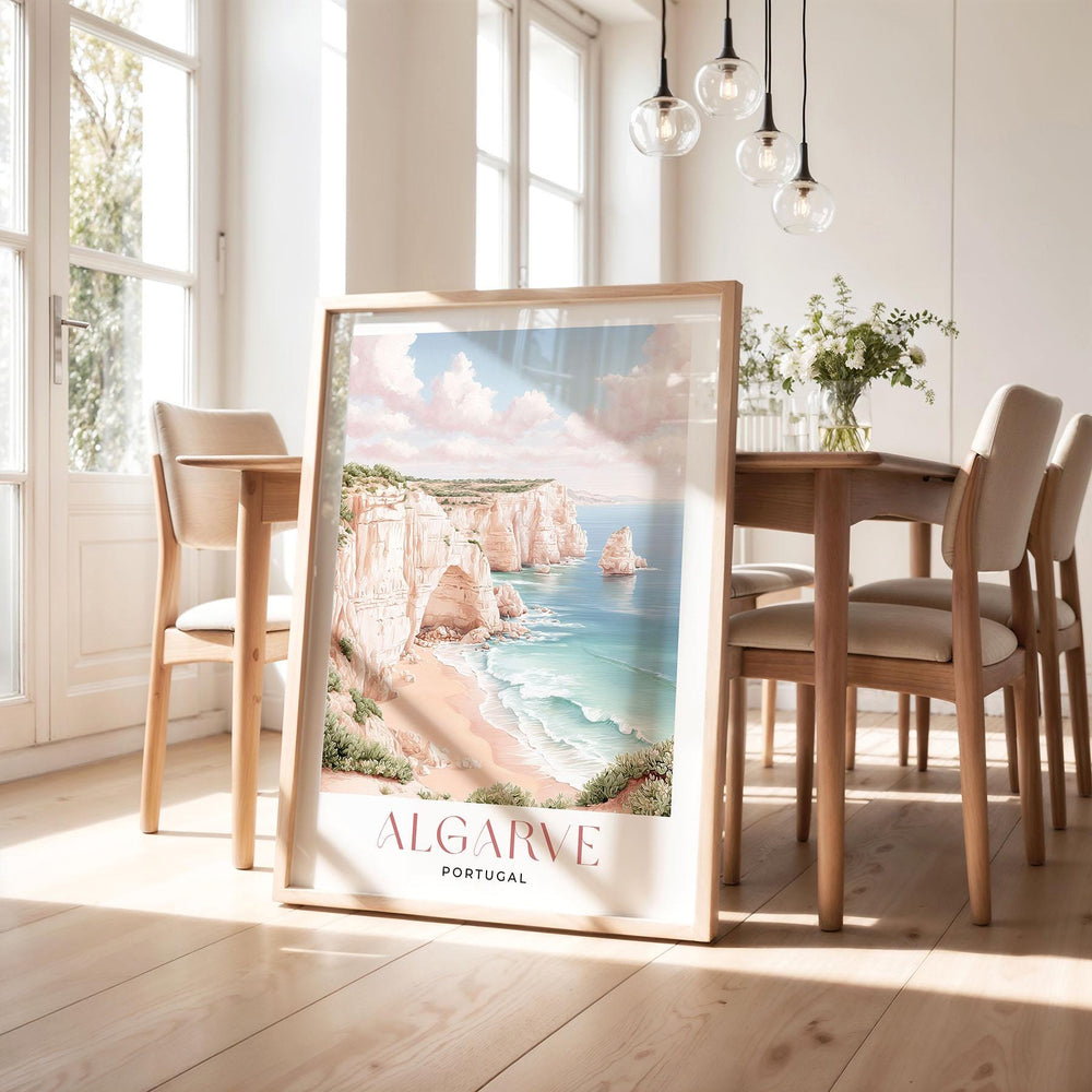 Algarve Travel Art Print, Portugal Coastal Watercolour Wall Art, Neutral Mediterranean Beach Home Decor, Pastel Pink Seaside Cliffs Poster