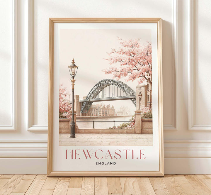 Newcastle Travel Art Print, Tyne Bridge Pastel Watercolour Wall Art, Geordie Art Lovers Gift, Newcastle City Pink Beige Home Decor