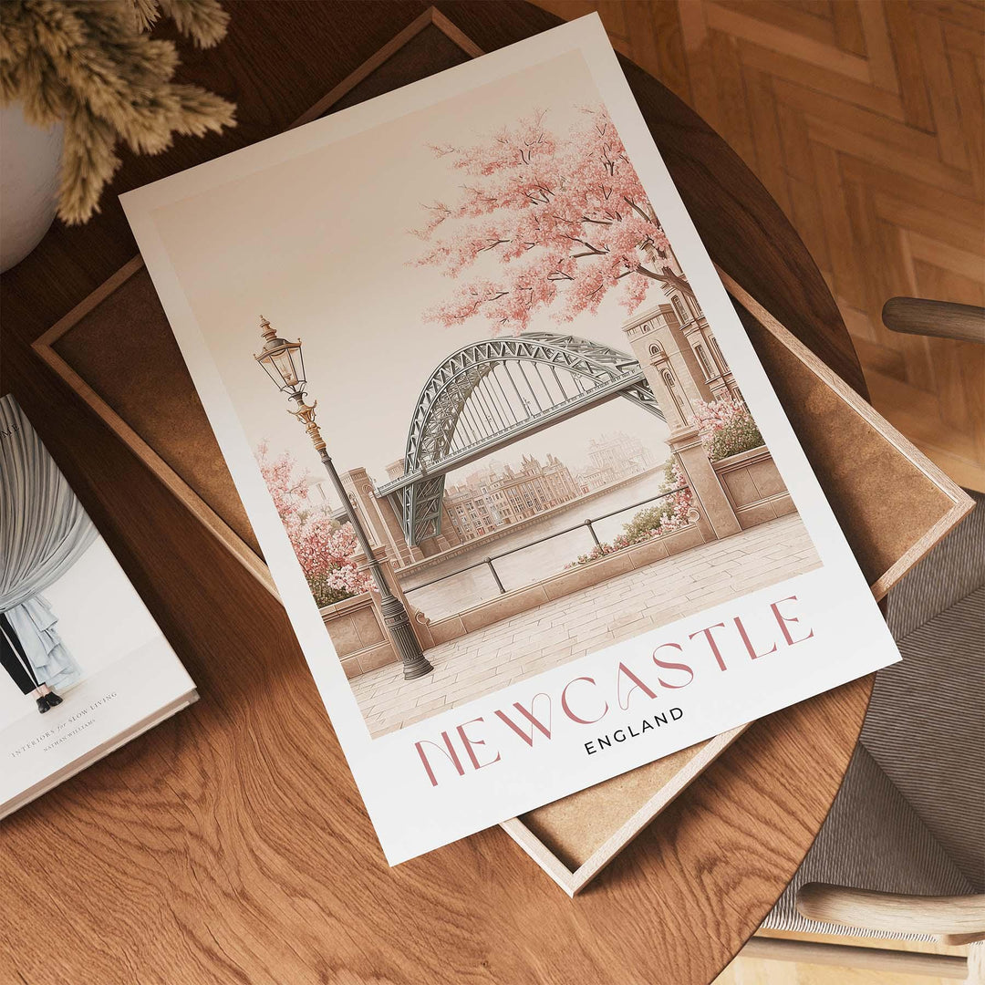Newcastle Travel Art Print, Tyne Bridge Pastel Watercolour Wall Art, Geordie Art Lovers Gift, Newcastle City Pink Beige Home Decor