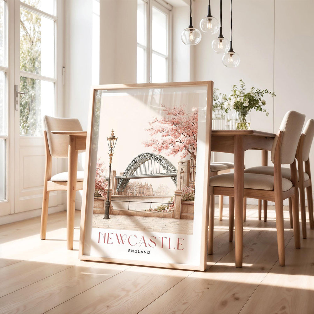 Newcastle Travel Art Print, Tyne Bridge Pastel Watercolour Wall Art, Geordie Art Lovers Gift, Newcastle City Pink Beige Home Decor