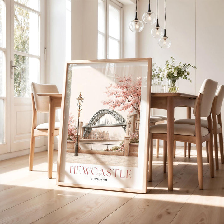 Newcastle Travel Art Print, Tyne Bridge Pastel Watercolour Wall Art, Geordie Art Lovers Gift, Newcastle City Pink Beige Home Decor