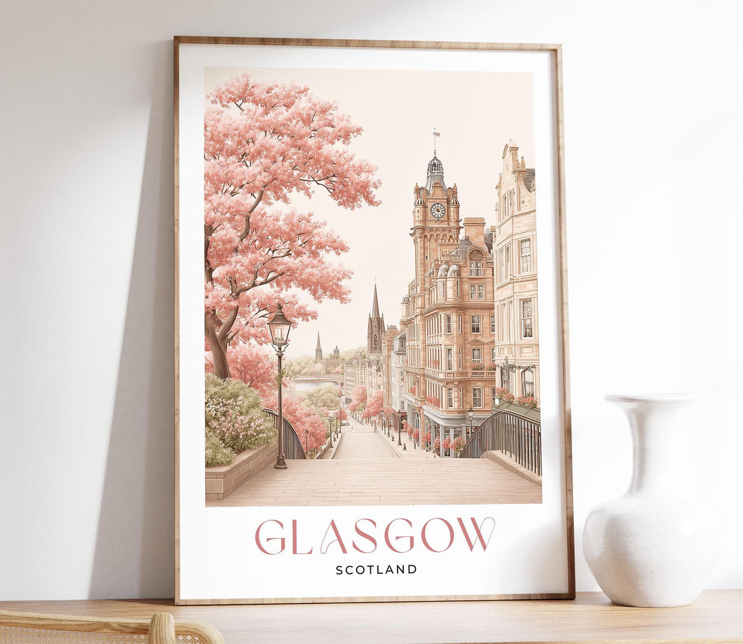 Glasgow Travel Art Print, Scotland Pastel Watercolour Wall Art, River Clyde Neutral Home Decor, European Pink Cityscape Cultural Poster