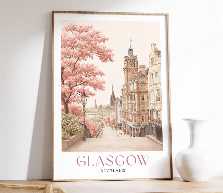 Glasgow Travel Art Print, Scotland Pastel Watercolour Wall Art, River Clyde Neutral Home Decor, European Pink Cityscape Cultural Poster