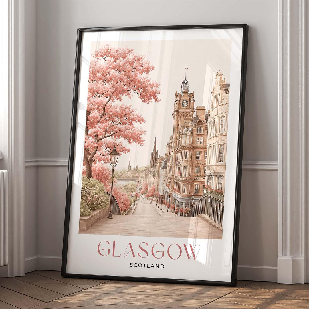 Glasgow Travel Art Print, Scotland Pastel Watercolour Wall Art, River Clyde Neutral Home Decor, European Pink Cityscape Cultural Poster