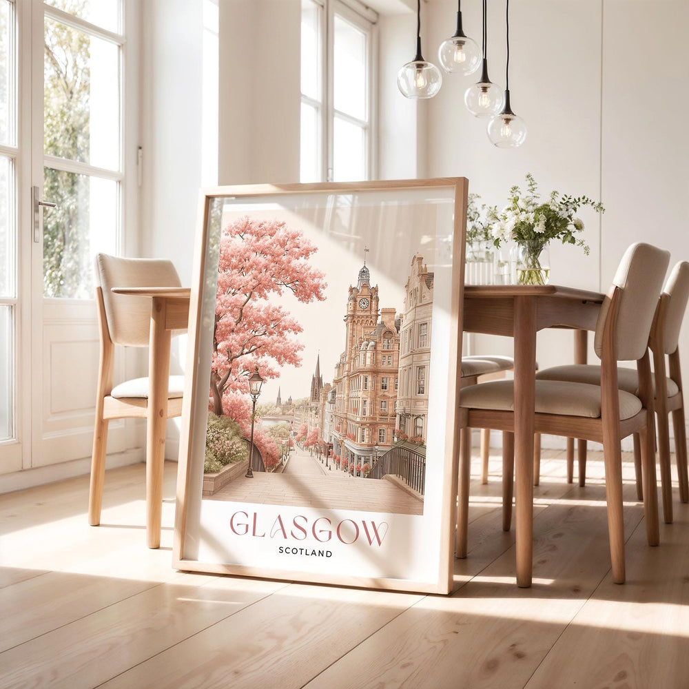 Glasgow Travel Art Print, Scotland Pastel Watercolour Wall Art, River Clyde Neutral Home Decor, European Pink Cityscape Cultural Poster