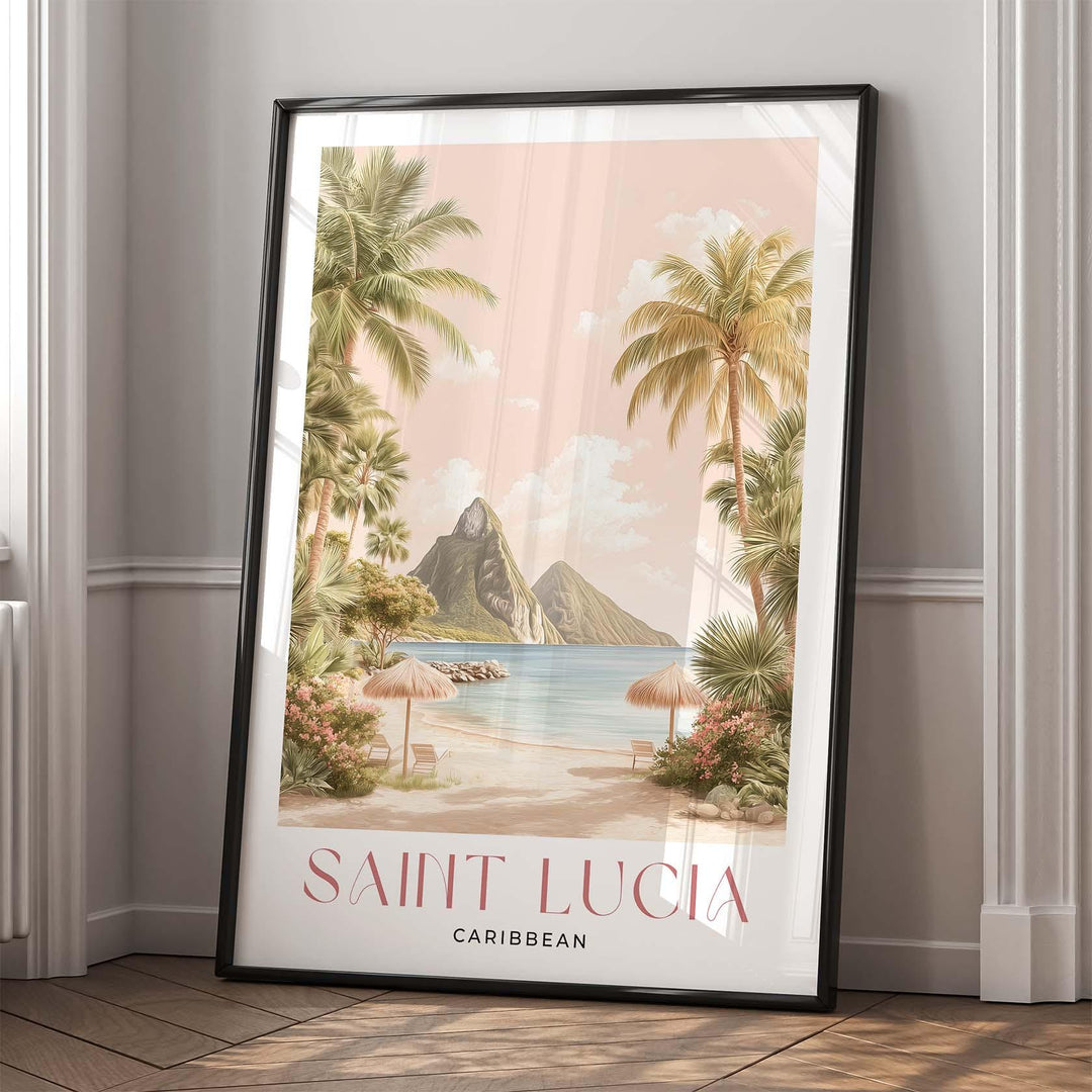 Saint Lucia Travel Art Print, Caribbean Watercolour Windward Island Wall Art, Pastel Wooded Mountains Pitons Poster, Pink Beach Home Decor