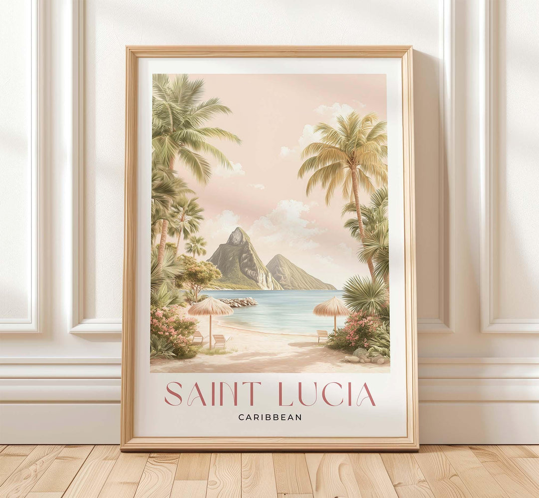Saint Lucia Travel Art Print, Caribbean Watercolour Windward Island Wall Art, Pastel Wooded Mountains Pitons Poster, Pink Beach Home Decor