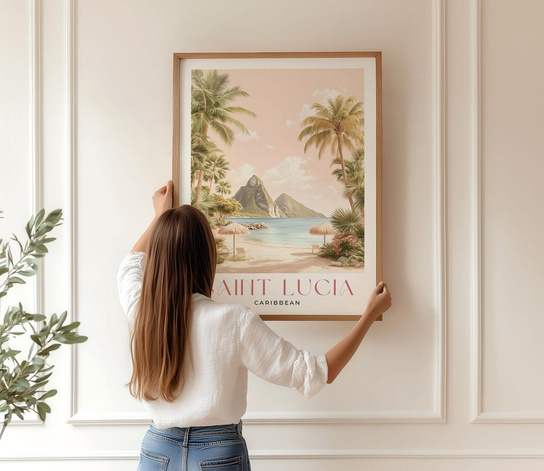 Saint Lucia Travel Art Print, Caribbean Watercolour Windward Island Wall Art, Pastel Wooded Mountains Pitons Poster, Pink Beach Home Decor