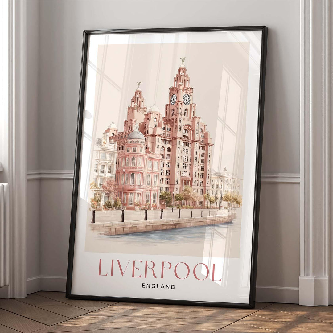 Liverpool Travel Art Print, The Royal Liver Building Pastel Watercolour Wall Art, Pink Waterfront Home Decor, Neutral Pier Head Picture